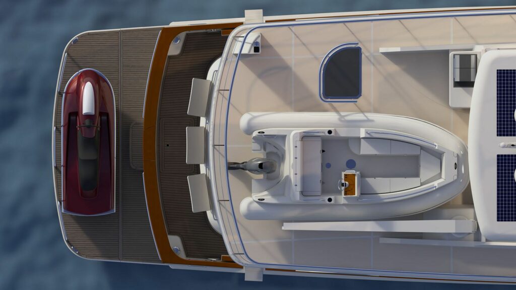 render of the aft deck with jetski and small tender onboard the F85