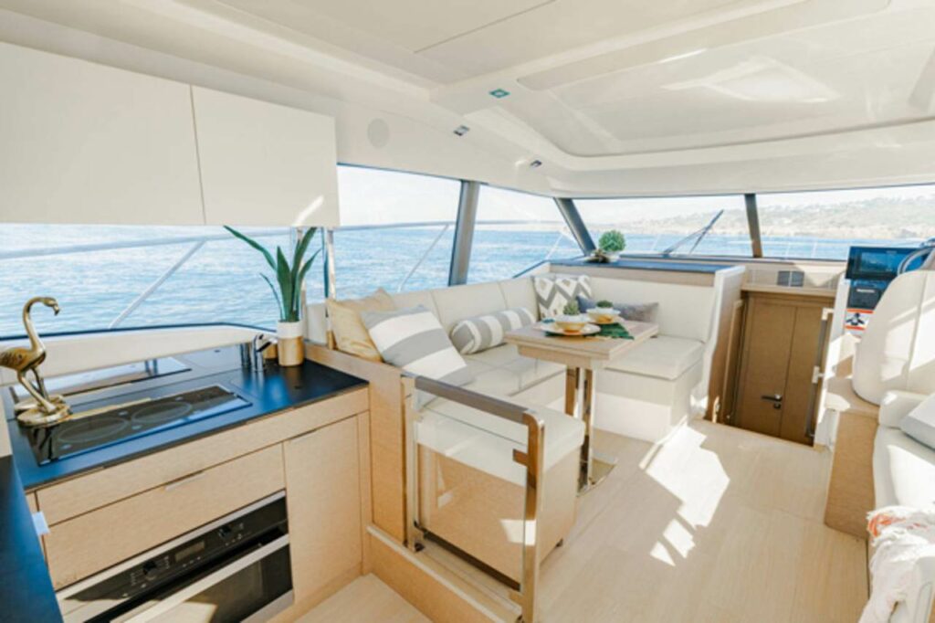 view of the light filled interior area onboard the Prestige 420S