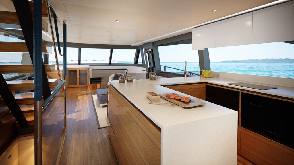 indoor kitchen and living area onboard the Riviera 78