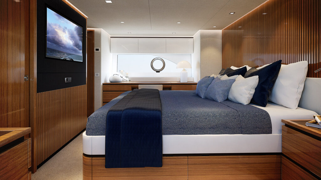 photo of the master suite onboard the Riviera 78