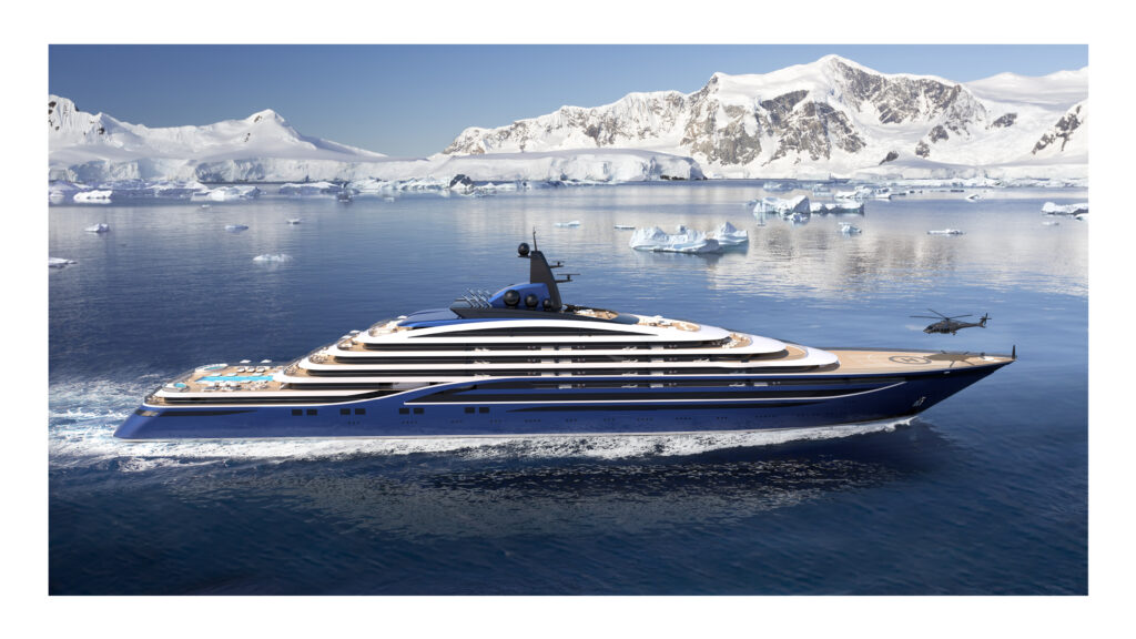 Somnio superyacht side view with glaciers in background