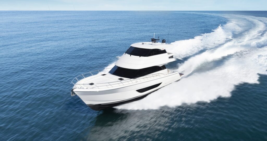 Maritimo M55 cruising and pictured from the front