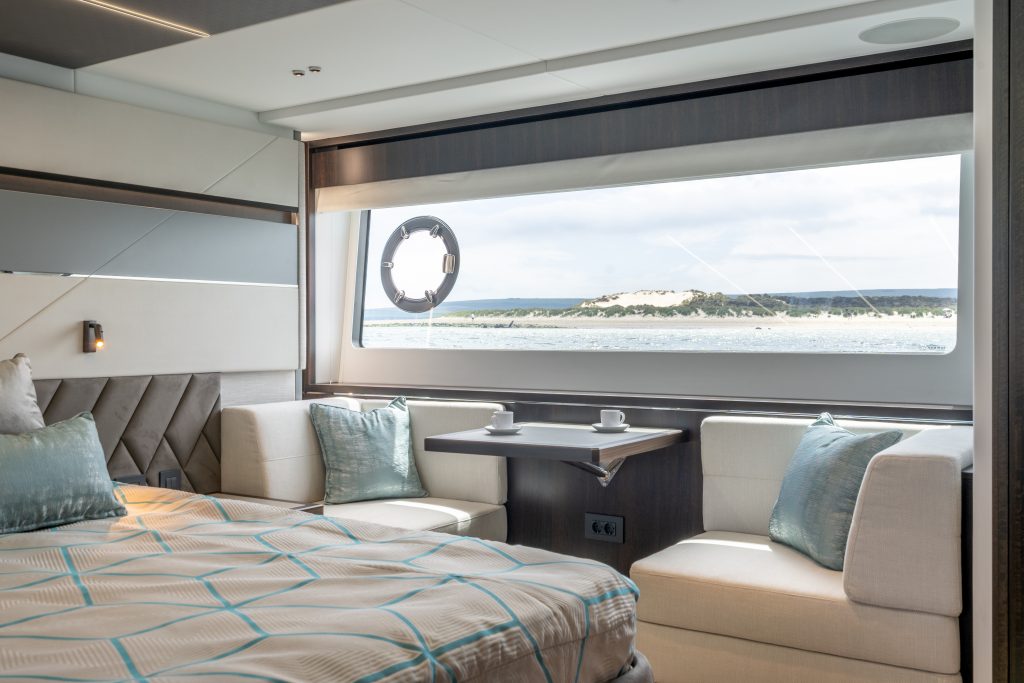 different angle of the bedroom onboard the Sunseeker 74 XPS