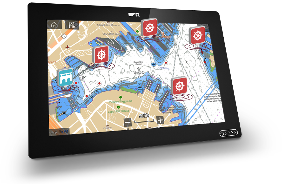 Product shot of Raymarine system equipped with Marinas.com data