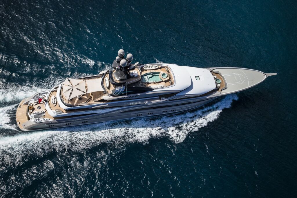 Lurssen yacht from above cruising