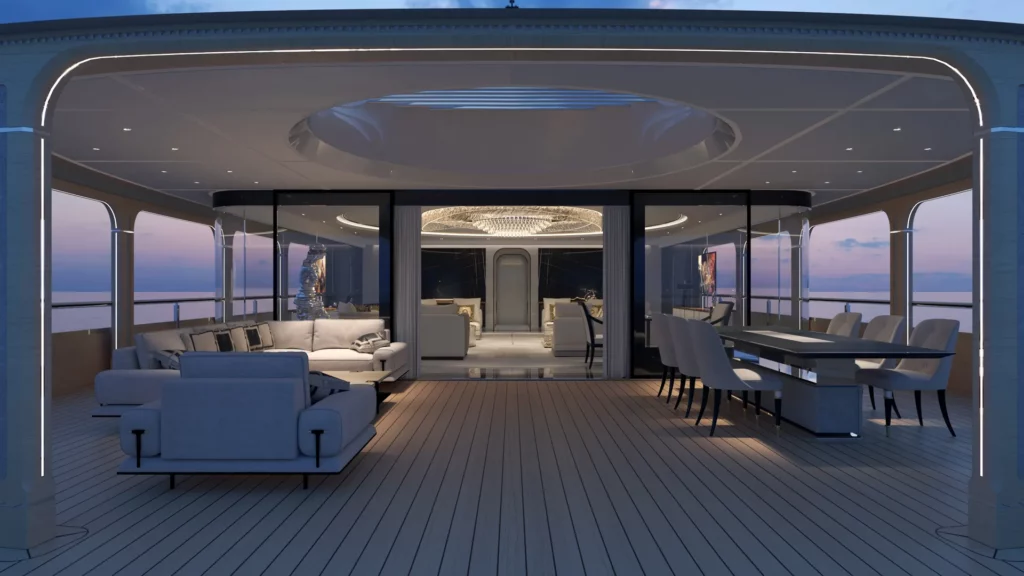 exterior area onboard superyacht concept Ashera at night