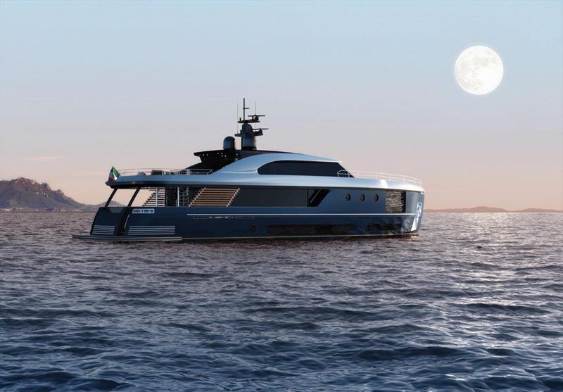 Azimut Magellano side profile anchored with moon in background