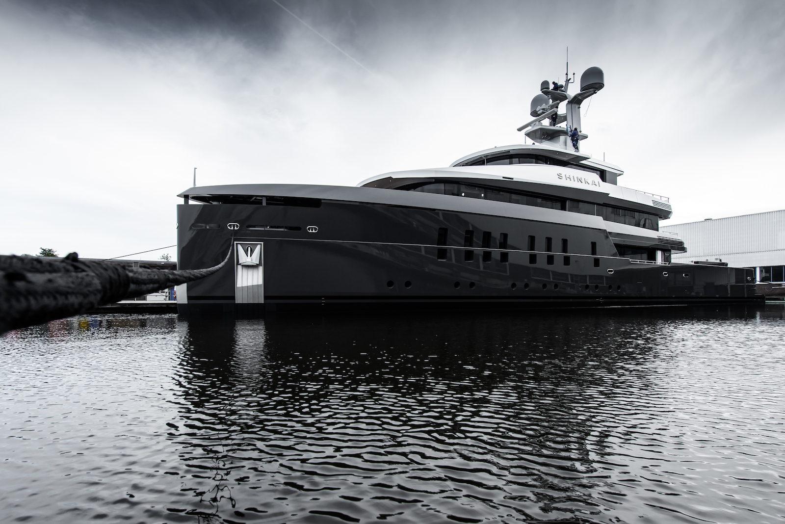 SHINKAI from Feadship pictured anchored in black and white