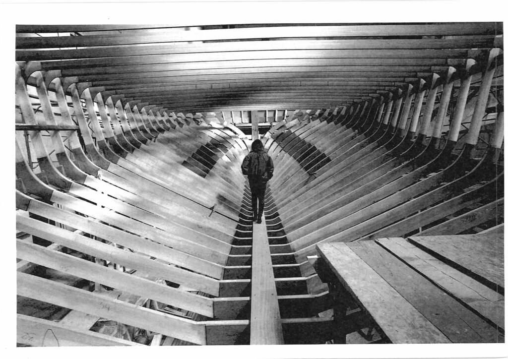Zaterra 24m hull under construction with man walking