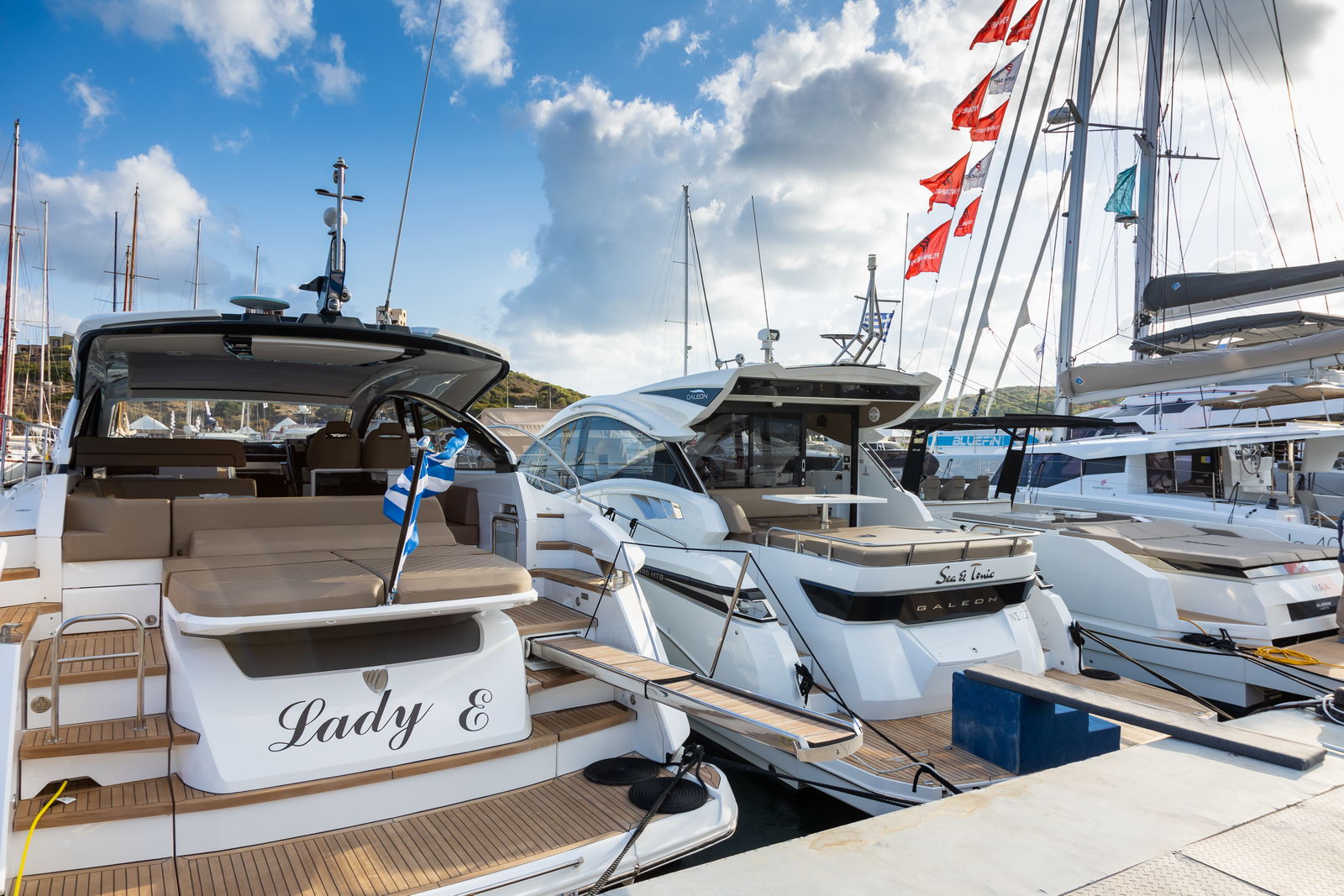 Motor Yachts on display at the Monaco Yacht Show from aft