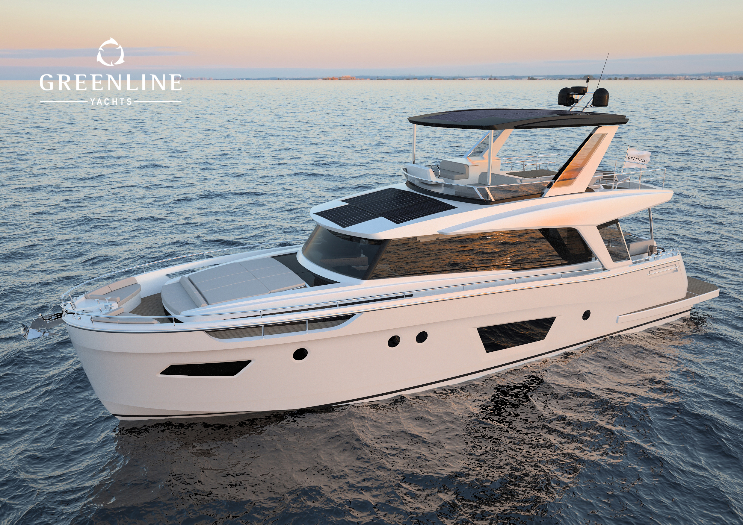 Render of Greenline 58 Fly anchored front angle