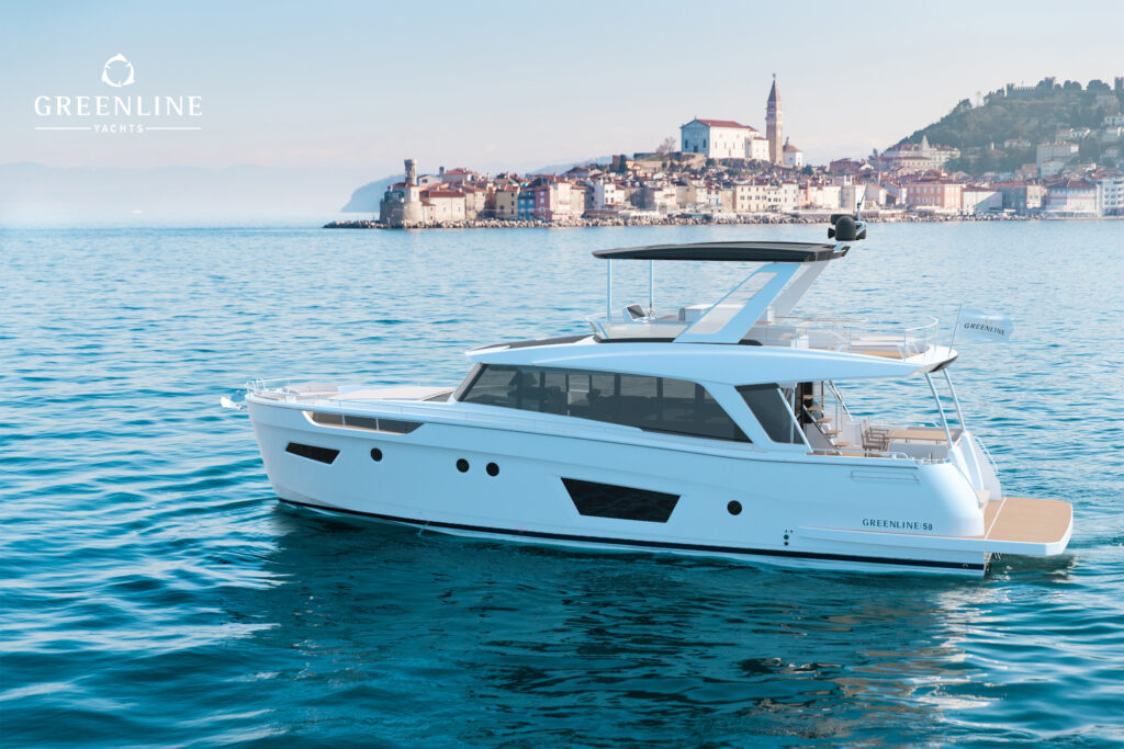 Render of Greenline 58 Fly anchored side profile