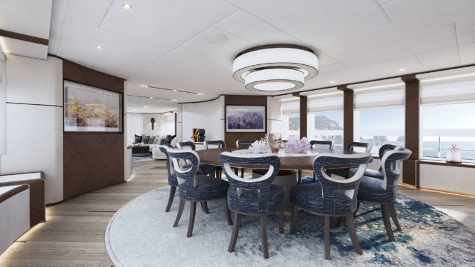 Dining area onboard Heesen luxury yacht Book Ends