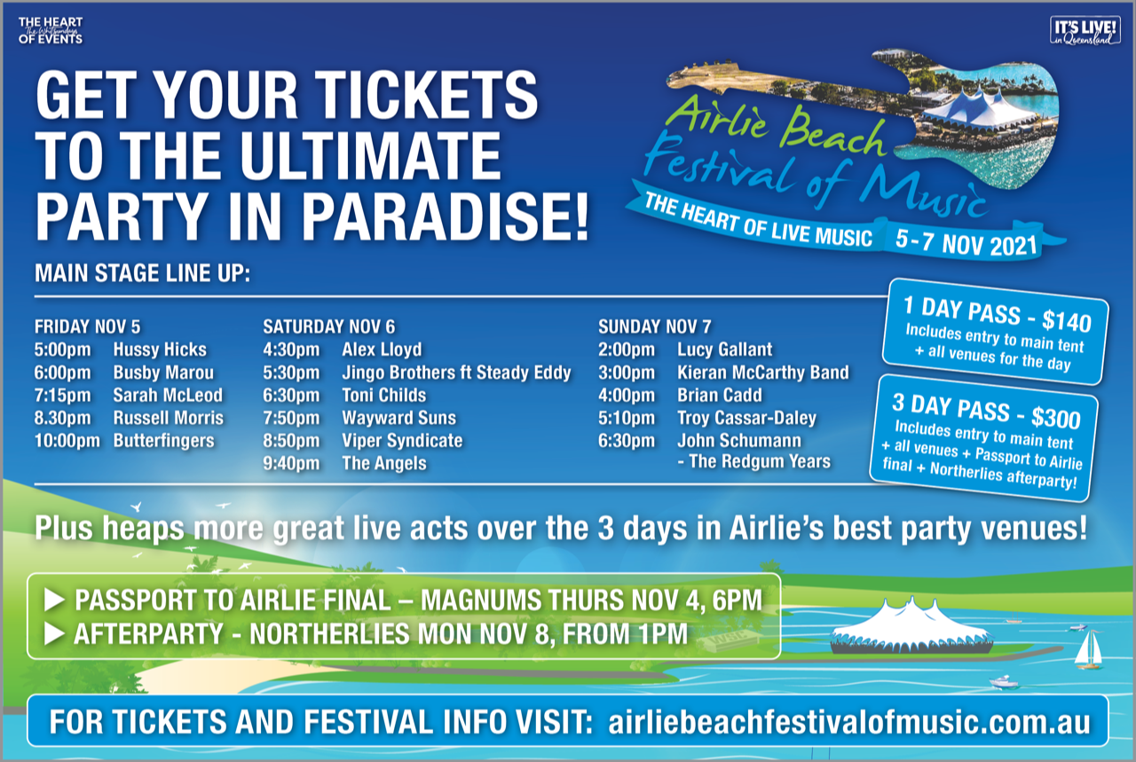 Main stage lineup poster for the Airlie Beach Festival of Music