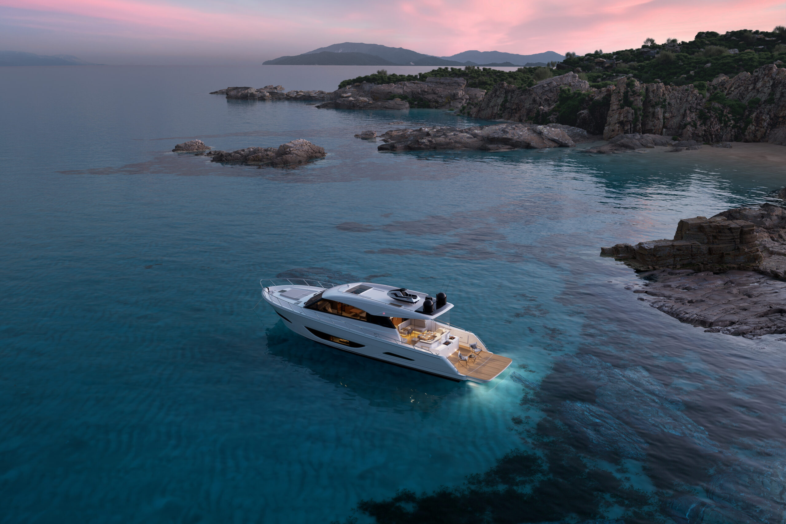 Maritimo S60 with coastline and red sky in background