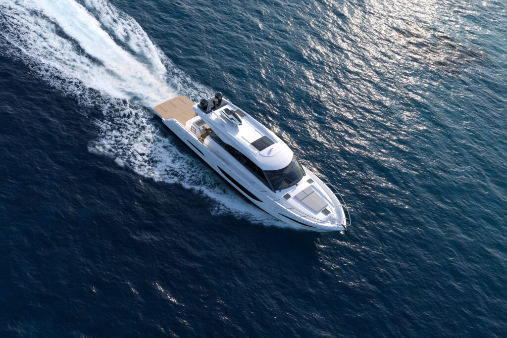 Aerial shot of Maritimo S60 cruising from above