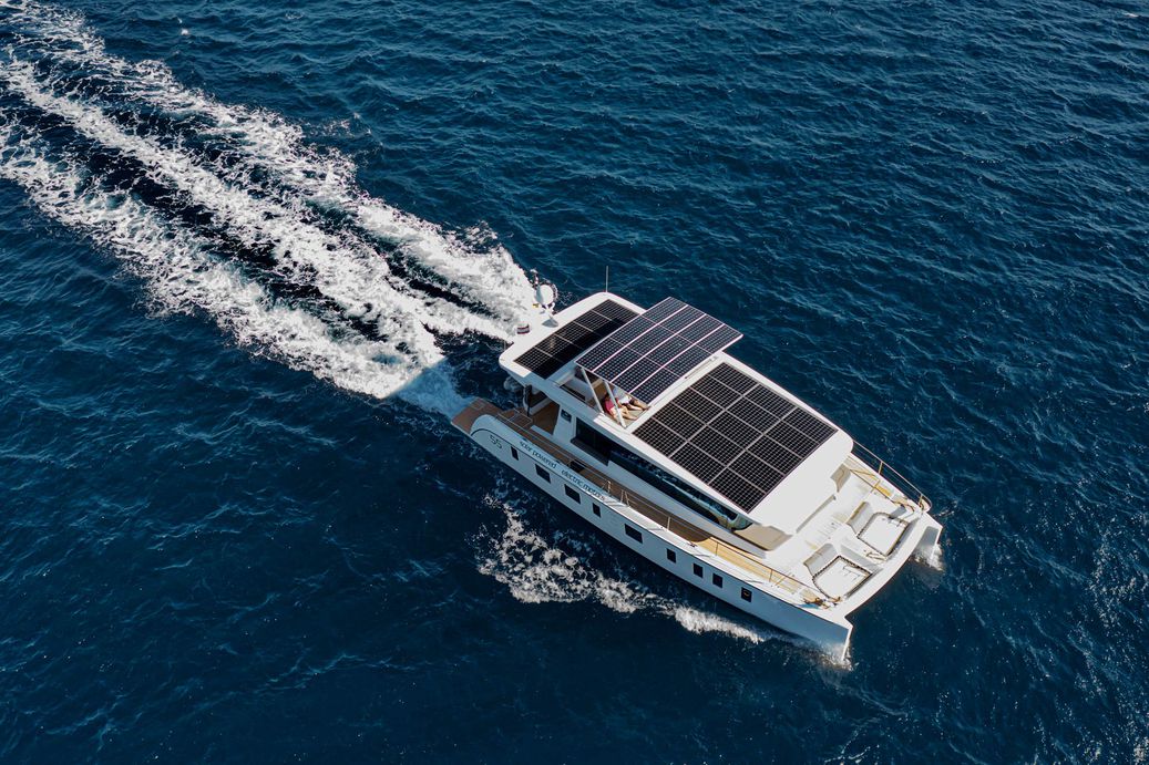 Silent Yachts solar powered catamaran cruising from above
