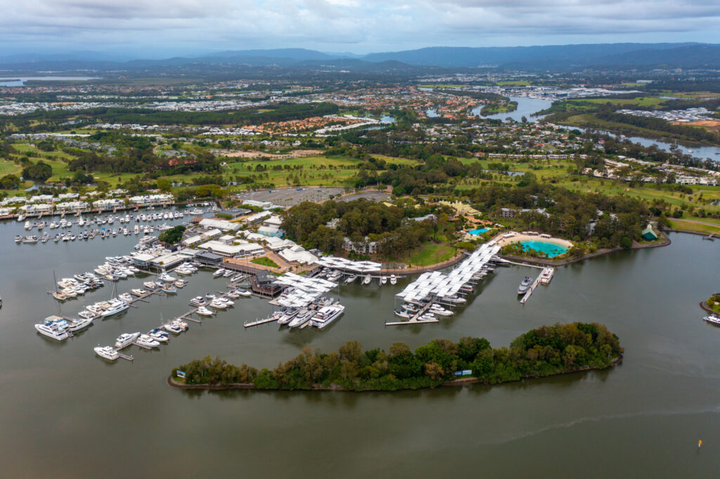 All new marina berths at Sanctuary Cove wide angle aerial