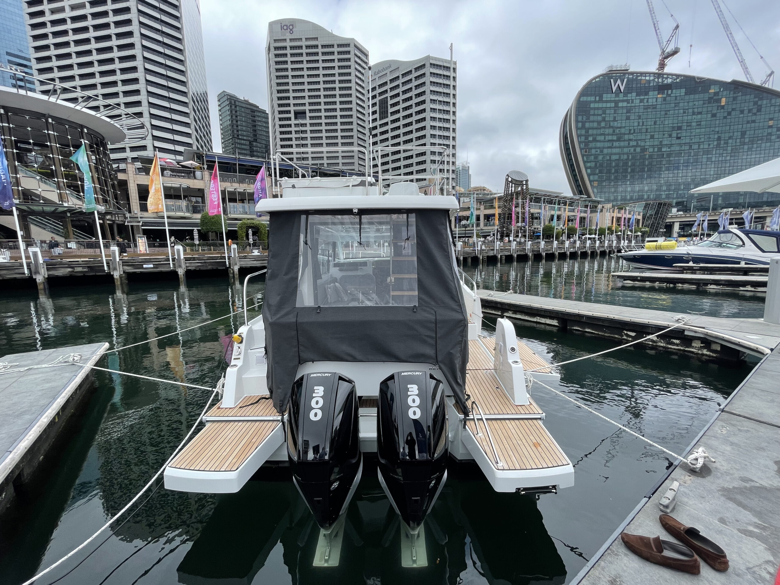 Beneteau Antares 11 pictured from rear with Darling Harbour in background