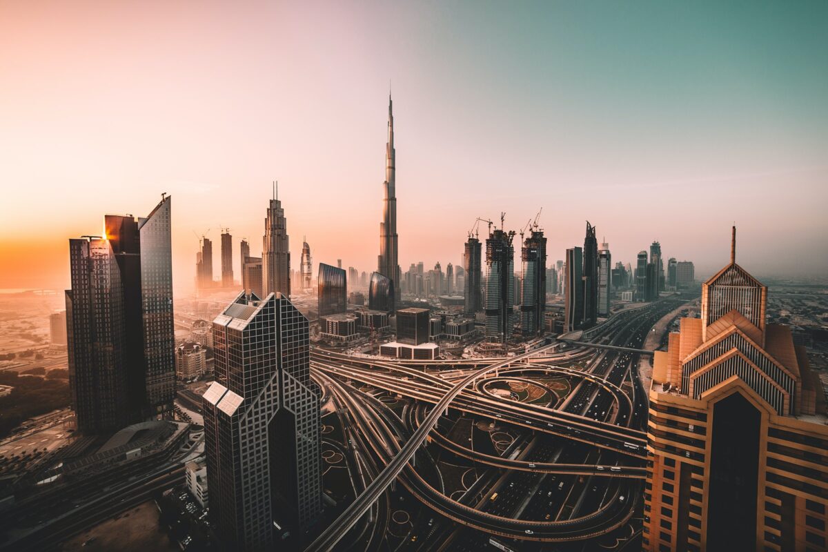 Aerial shot of Dubai with sun setting