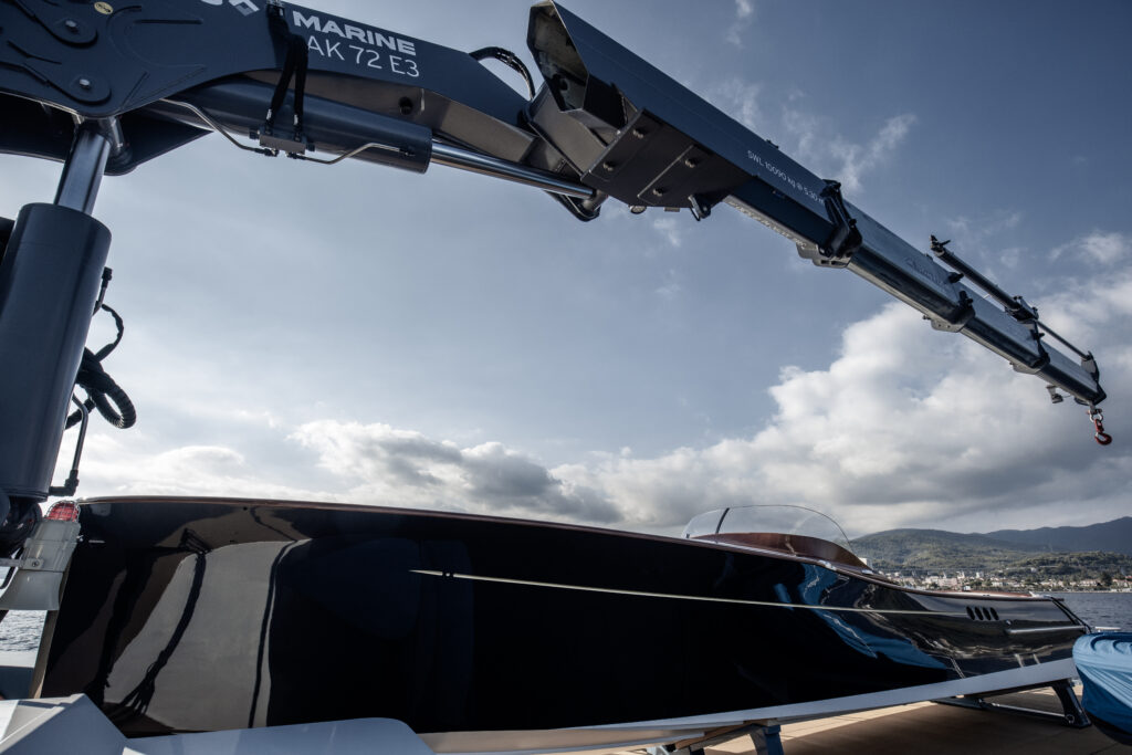 Alia Yachts PHI Phantom chase boat rear with cruiser and crane