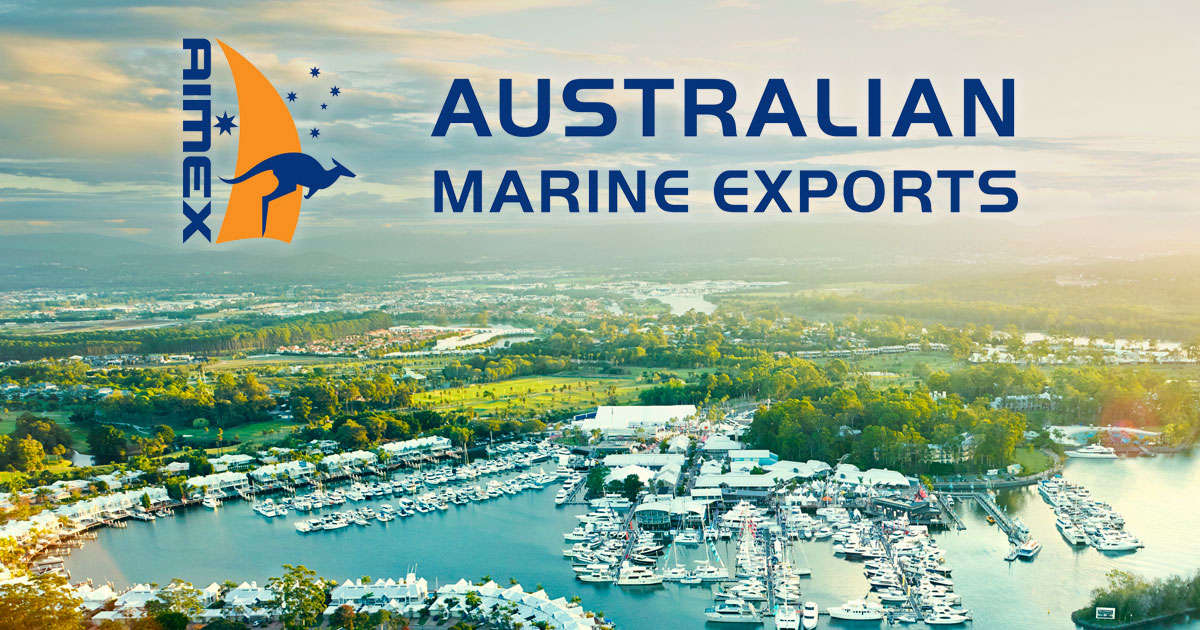 Australian Marine Export logo with shot of marina