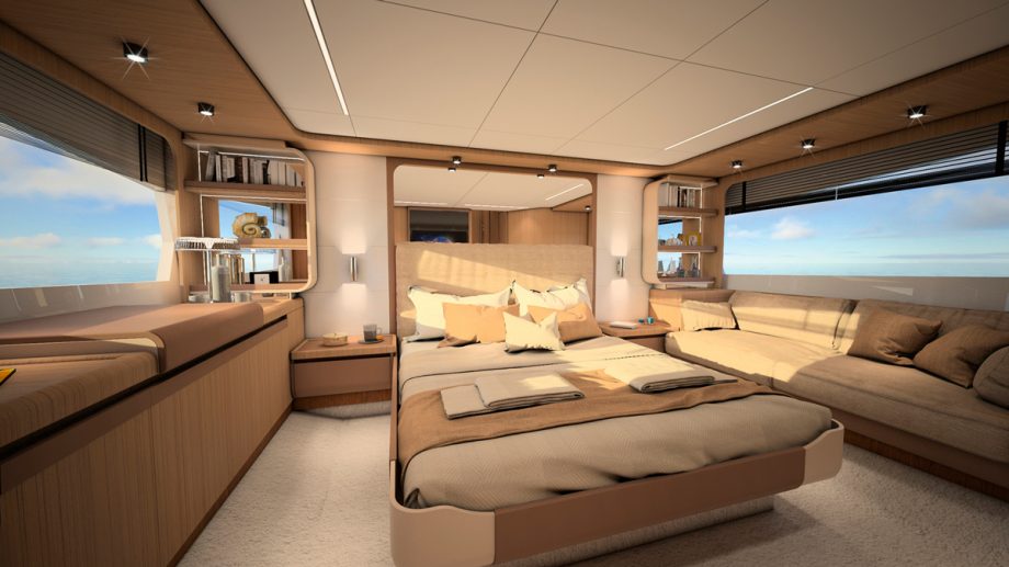 master stateroom onboard the Greenline 58 fly