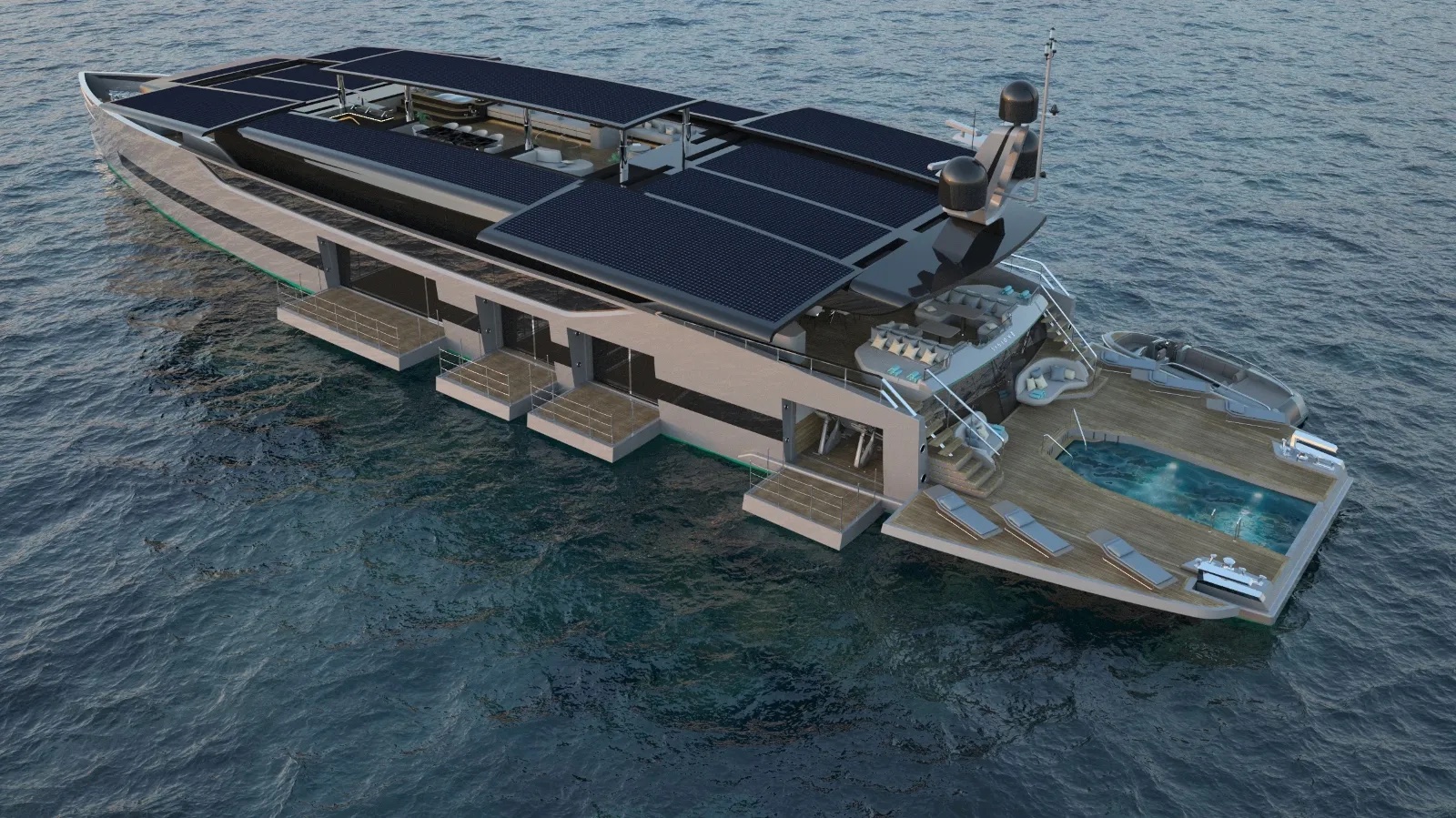 Concept Yacht VisionE aerial angle with decks open