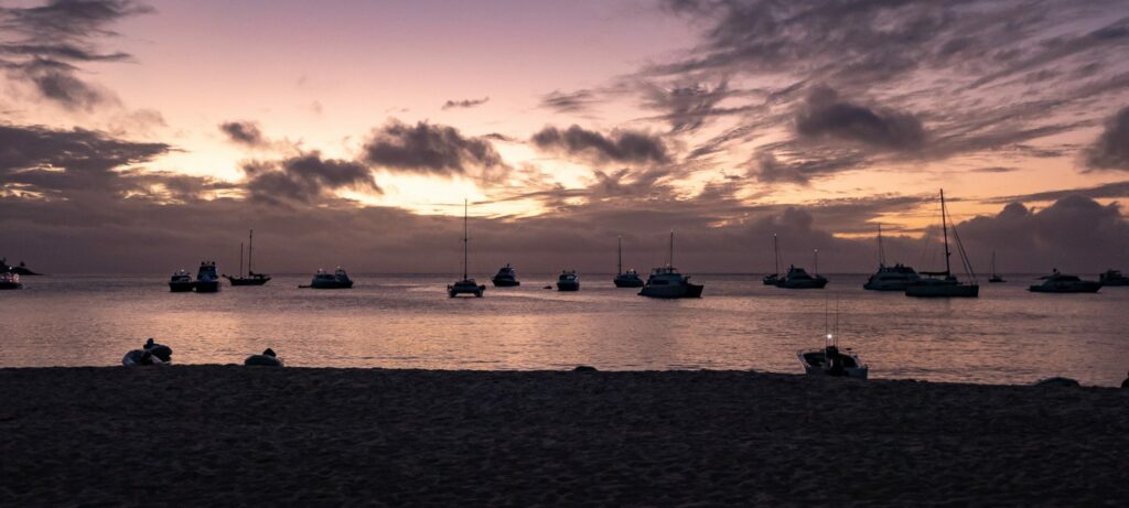 Boats on the water at Hamilton island with sun setting