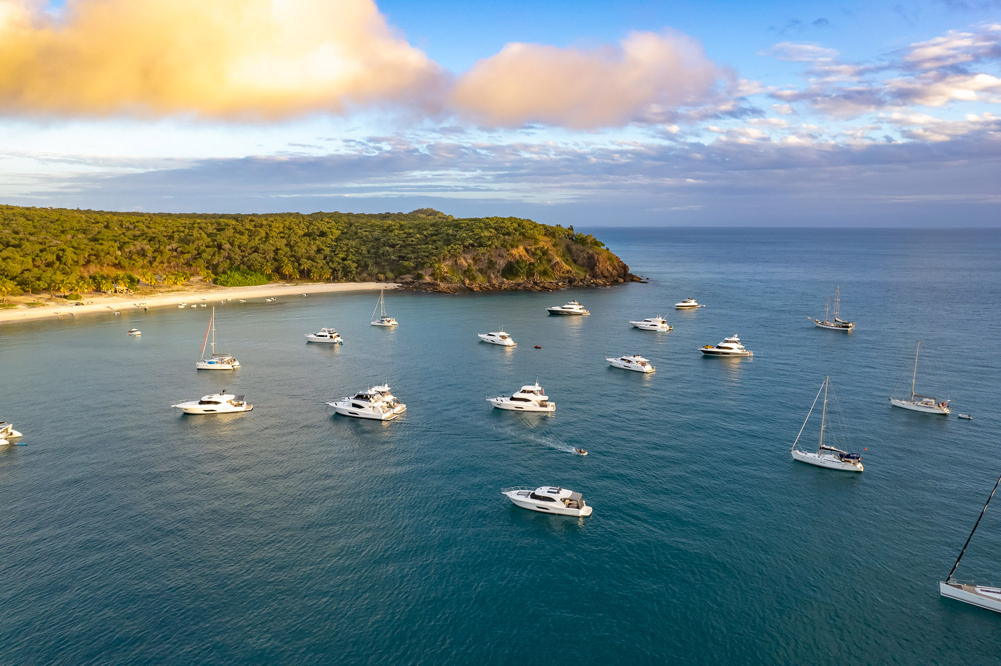 Aerial shot of Riviera boats on the coast of Queensland