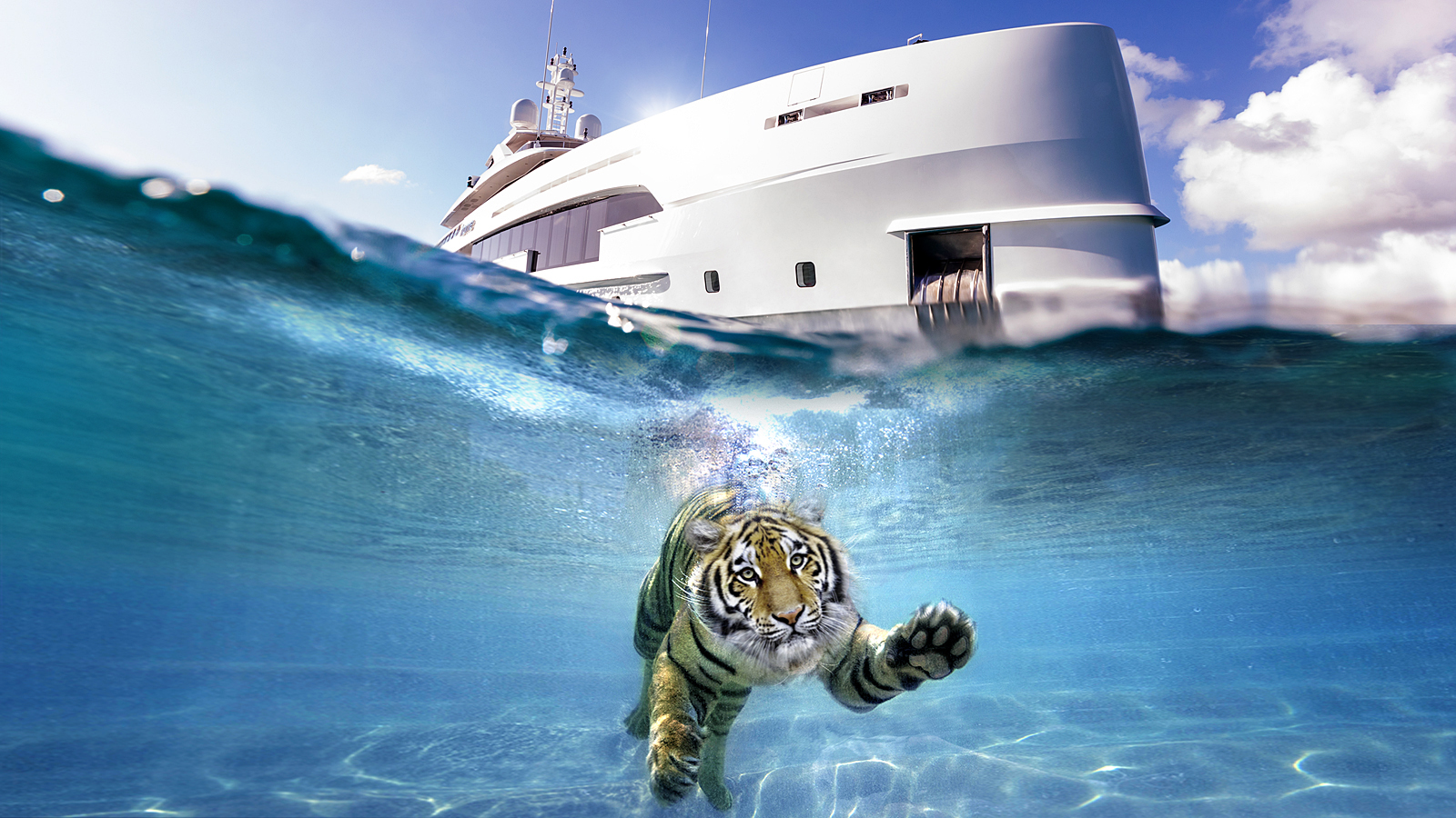 Heesen yacht pictured above water with a tiger under the surface