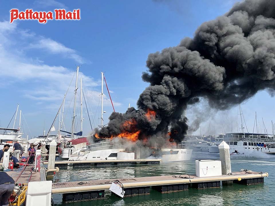 Pattaya Mail photo if yach fire being extinguished from far away