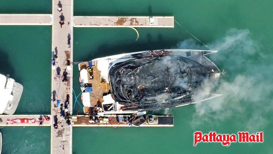 Pattaya Mail photo of yach fire being extinguished from dock aerial