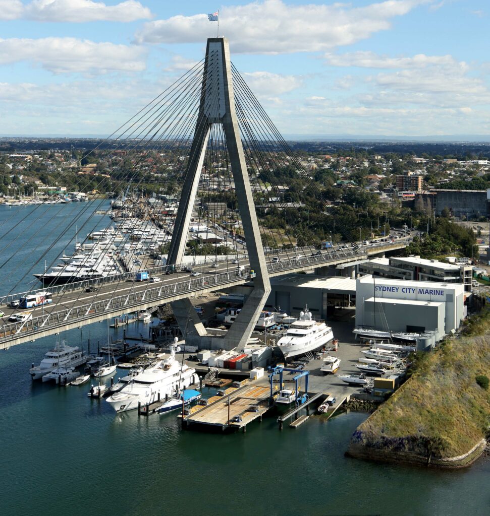 Aerial shot of Anzac bridge marina in Sydney