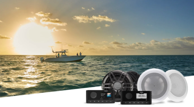 product shot for Fusion Marine speakers from Garmin with boat in background