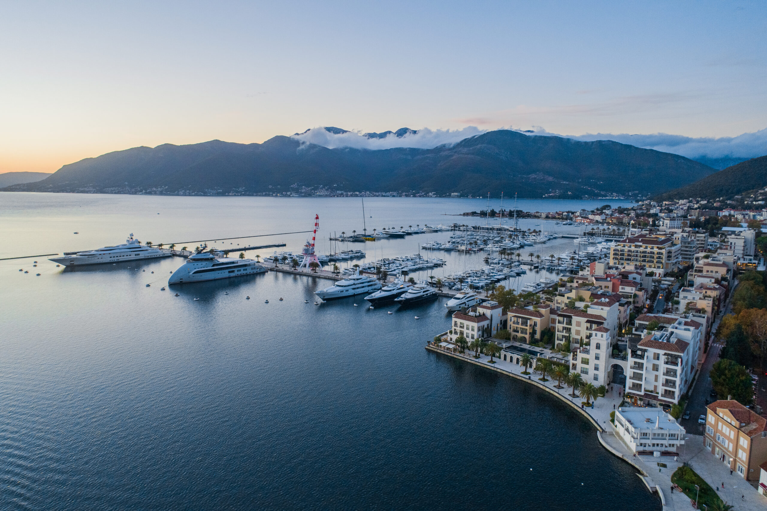 wide angle shot of Porto Montenegro with mountains in background