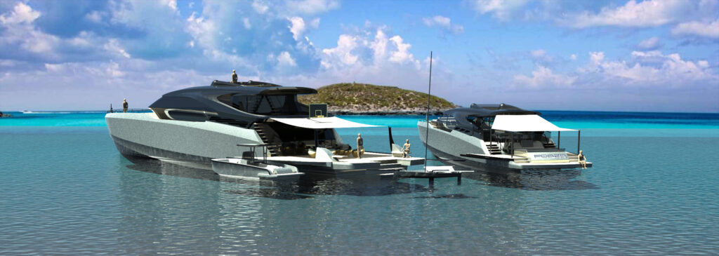 Rendering of two superyachts at anchor.